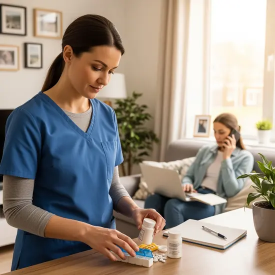 Pflegekraft übernimmt gezielt eine Aufgabe im Haushalt, während die Tochter weitere Betreuung organisiert; kooperative Atmosphäre.