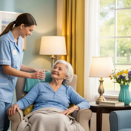 Seniorin erholt sich für kurze Zeit in einer gemütlichen Einrichtung; Pflegerin reicht Wasser, entspannte Atmosphäre.