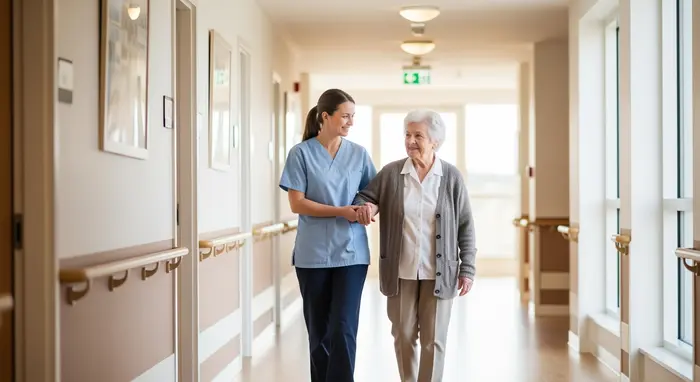 Pflegekraft hilft einer Seniorin beim Gehen auf dem Flur eines Pflegeheims; freundliches Lächeln, saubere, helle Umgebung.