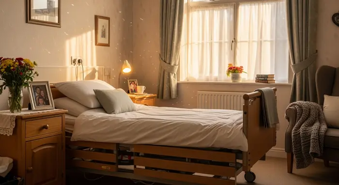 Ein gemütliches Einzelzimmer im Pflegeheim mit Pflegebett, Nachttisch, Familienfoto und Blumen; warmes Licht.