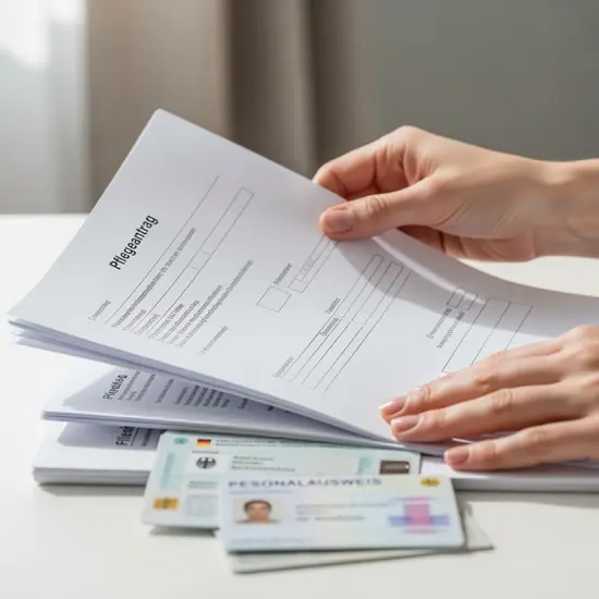 Nahaufnahme von Händen, die einen Pflegeantrag und Ausweisunterlagen sortieren; ruhiger Hintergrund, natürliches Licht, sachliche, aufgeräumte Szene.