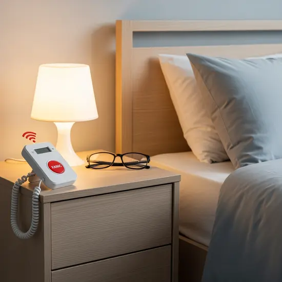 Hausnotruf-Gerät mit Funkknopf liegt auf einem Nachttisch neben einem Bett; Lampe und Brille daneben, klare, aufgeräumte Szene.
