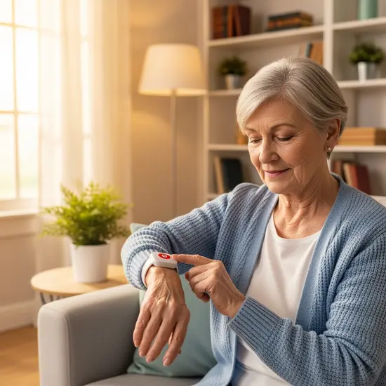 Senior drückt einen Hausnotruf-Armbandknopf im Wohnzimmer; beruhigte Miene, helle Umgebung.