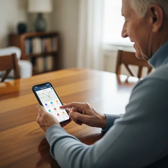 Älterer Mann nutzt eine Service-App auf dem Smartphone, sitzt am Esstisch; glänzender Bildschirm, ruhiges Zuhause.