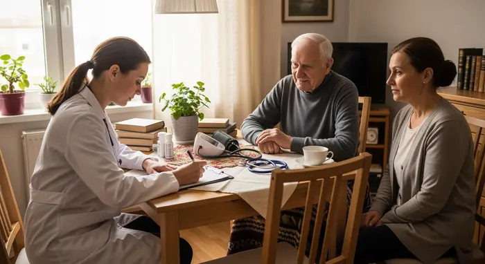 Pflegefachkraft notiert bei einem Hausbesuch Beobachtungen in ein Formular; Senior und Angehörige sitzen daneben.