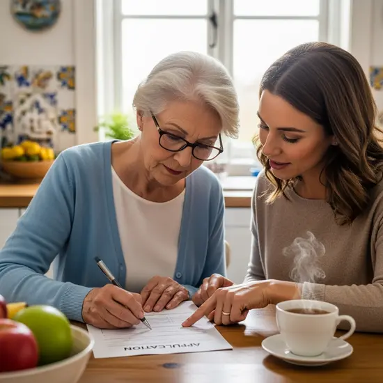 Ältere Frau füllt mit Unterstützung ihrer Tochter ein Antragsformular am Küchentisch aus; Lesebrille, Tasse Tee, ruhige Szene.