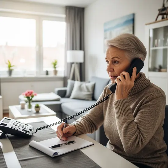 Telefonische Rückfrage: Senior telefoniert mit der Pflegekasse, Notizblock und Stift liegen bereit; helle Wohnung.