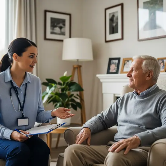 Pflegegutachterin spricht mit einem Senior beim Hausbesuch; Klemmbrett mit Bewertungsbogen, aufmerksame, respektvolle Atmosphäre.