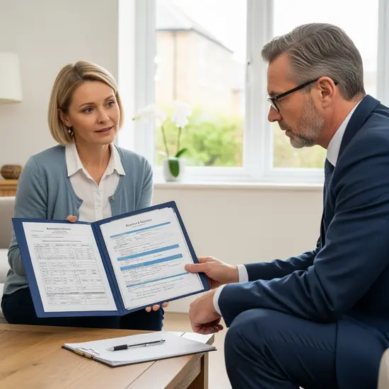 Die Angehörige zeigt dem Gutachter Medikamentenplan und Arztberichte; heller Wohnraum, geordnete Unterlagen.