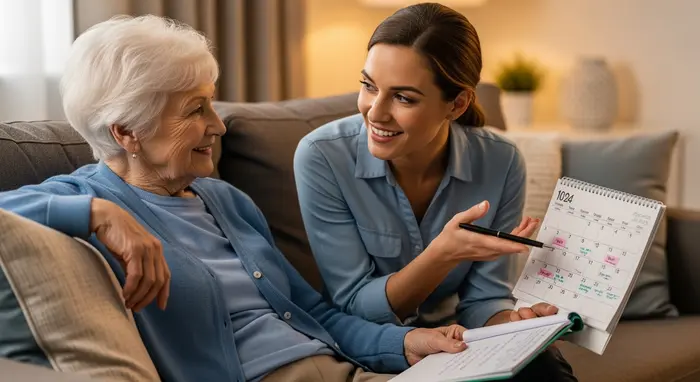 Seniorin sitzt entspannt auf dem Sofa, eine Angehörige erklärt ihr mit einem Kalender und Notizblock die aktuellen Pflegeleistungen; warmes Licht, freundliche Stimmung.