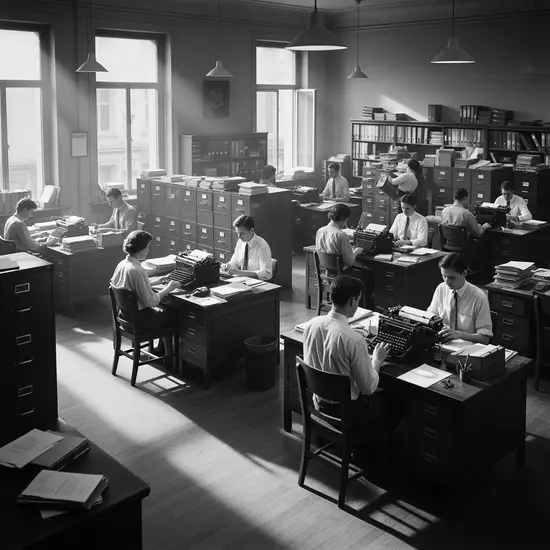 Historisch anmutendes Schwarz-Weiß-Foto eines Büros der 1950er Jahre mit Schreibmaschinen und Aktenordnern, Symbol für Tradition.