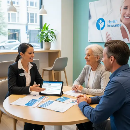 Helle Beratungssituation in einer modernen Krankenkassen-Geschäftsstelle: Eine freundliche Sachbearbeiterin spricht mit einer Seniorin und deren erwachsenem Sohn am Tisch, Unterlagen und Tablet liegen bereit.