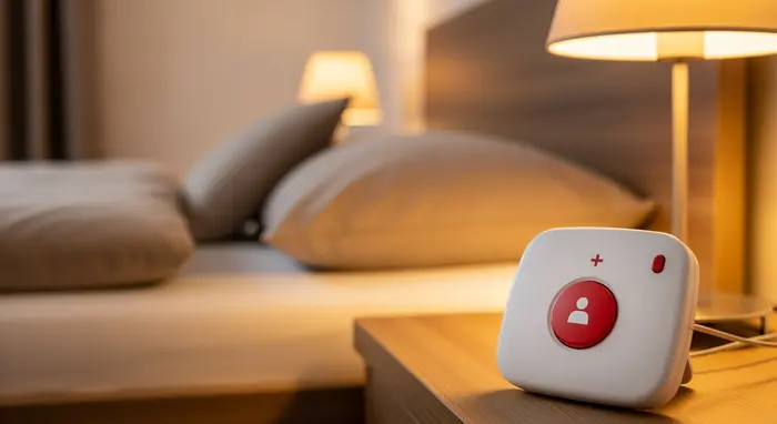 Hausnotruf-Gerät mit roter Taste liegt auf einem Nachttisch neben einem Bett, dezente Beleuchtung.
