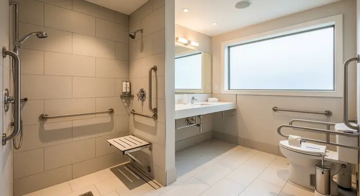 Modernes, barrierefreies Badezimmer mit begehbarer Dusche, Haltegriffen und Duschsitz; helle Fliesen und rutschfester Boden.