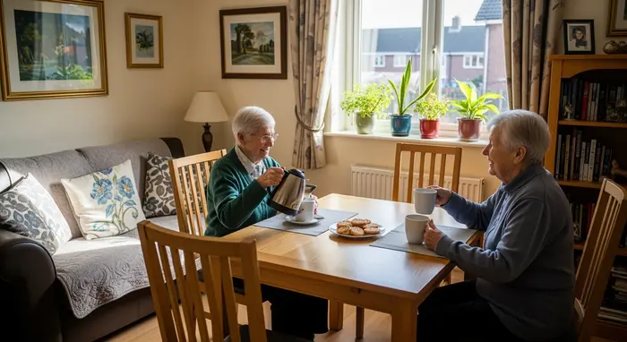 Kleine ambulant betreute Wohngruppe: Gemeinsames Wohnzimmer mit Sofa, Esstisch und zwei Senioren beim Kaffeetrinken.