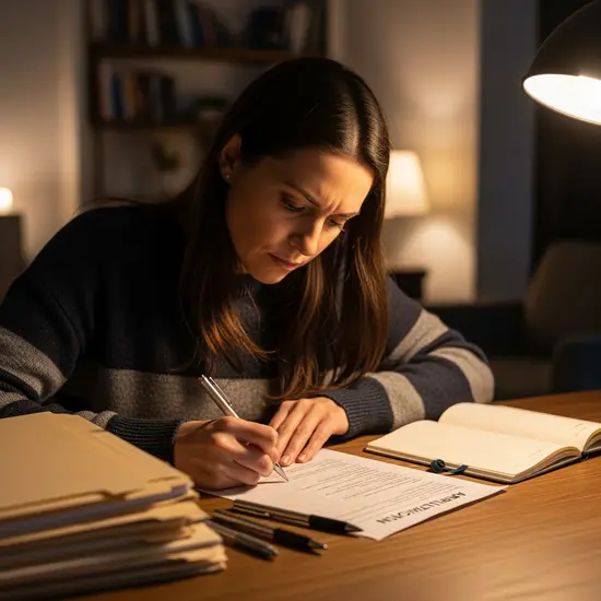 Erwachsene Tochter füllt sorgfältig ein Antragsformular am Schreibtisch aus, Ordner und Stifte liegen bereit.