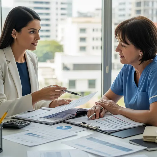 Berater erklärt einer pflegenden Tochter am Schreibtisch die Rentenansprüche, Unterlagen und Taschenrechner liegen bereit.