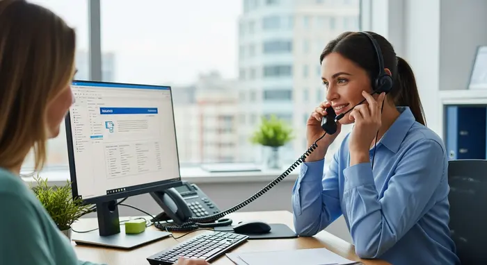 Callcenter-Mitarbeiterin mit Headset unterstützt eine Versicherte am Telefon, modern eingerichtetes Büro.