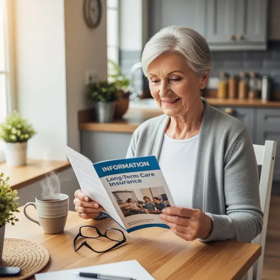 Lächelnde Seniorin zu Hause am Küchentisch, liest Informationsbroschüre zur Pflegeversicherung, daneben liegen Brille und eine Tasse Tee.