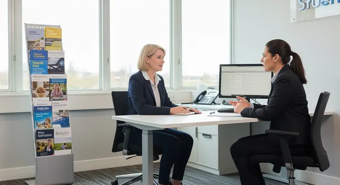 Versicherte Person im Gespräch mit Berater in einer hellen Geschäftsstelle, Broschürenständer im Hintergrund.