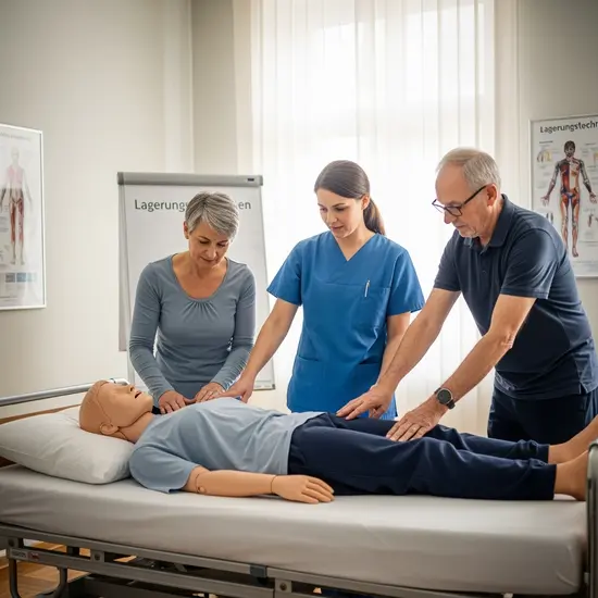 Pflegekurs in einem Schulungsraum: Pflegende Angehörige üben Lagerungstechniken mit Anleitung einer Pflegefachkraft.