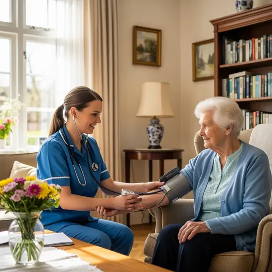 Ambulanter Pflegedienst besucht Seniorin zu Hause: Pflegerin misst den Blutdruck im Wohnzimmer, freundliche Atmosphäre, helles Tageslicht.