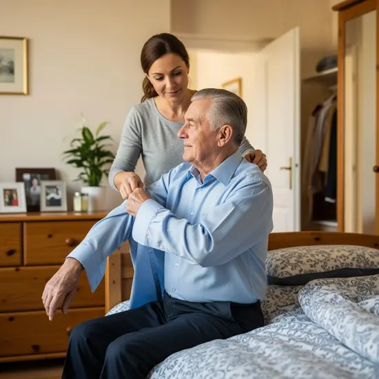 Erwachsene Tochter hilft ihrem Vater beim Anziehen im Schlafzimmer, ruhige häusliche Pflegesituation mit gepflegtem Umfeld.