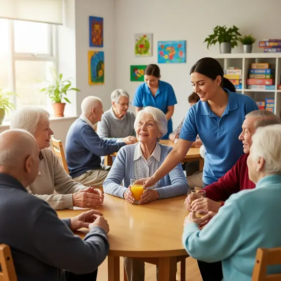 Senior verbringt den Tag in einer freundlichen Tagespflegeeinrichtung, sitzt mit anderen älteren Menschen an einem Tisch, Betreuungspersonal serviert Getränke.