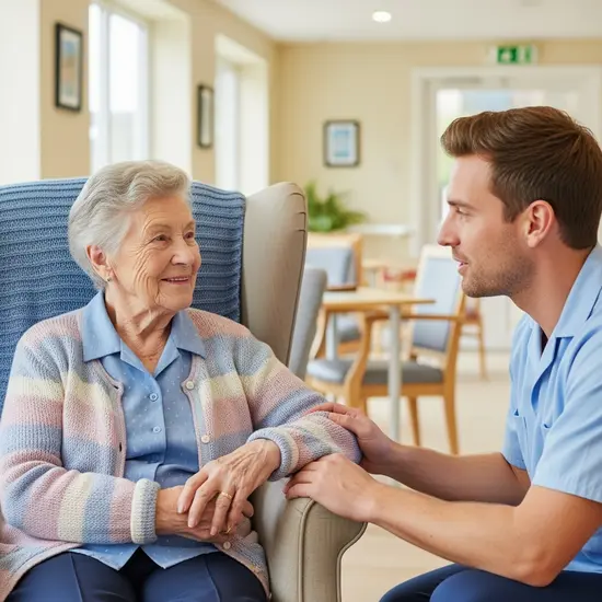 Bewohnerin eines Pflegeheims sitzt entspannt in einem hellen Aufenthaltsraum, Pfleger spricht beruhigend mit ihr, gepflegtes Umfeld.