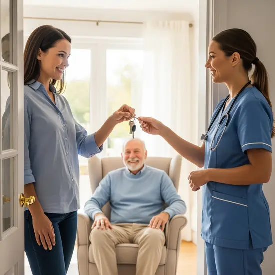 Tochter übergibt dem freundlichen Pflegedienstmitarbeiter die Hausschlüssel, während der pflegebedürftige Vater lächelt – Entlastung durch Verhinderungspflege.