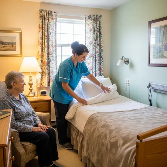 Senior erhält kurzfristige Betreuung in einer kleinen, gemütlichen stationären Einrichtung; Pflegekraft richtet das Bett her.