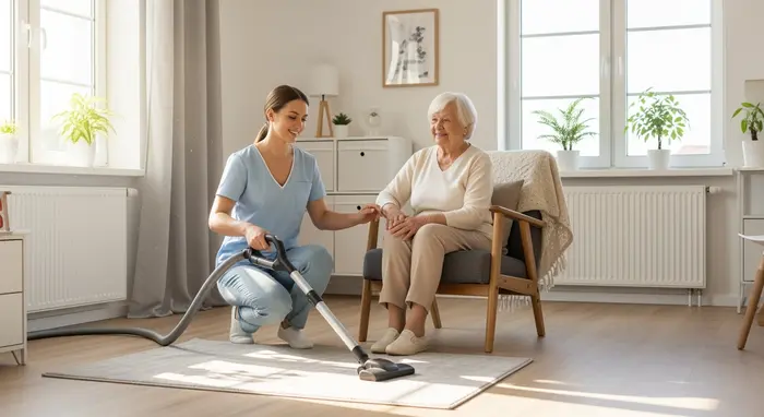 Haushaltshilfe unterstützt eine Seniorin beim Staubsaugen in einer hellen Wohnung; beide lächeln, entspannte Atmosphäre.