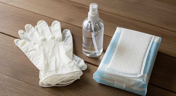 Pflegehilfsmittel zum Verbrauch auf einem Holztisch: Einmalhandschuhe, Desinfektionsmittel, Bettschutzeinlagen, ohne sichtbare Marken.