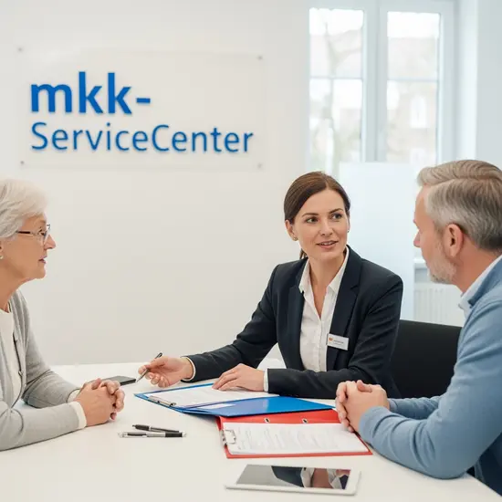 Helles mkk-ServiceCenter: Beraterin spricht mit Seniorin und Angehörigem am Tisch, Unterlagen und Stifte liegen bereit.