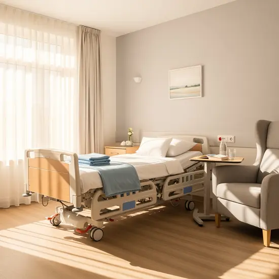 Helles Zimmer einer Kurzzeitpflegeeinrichtung mit Pflegebett und Sessel.