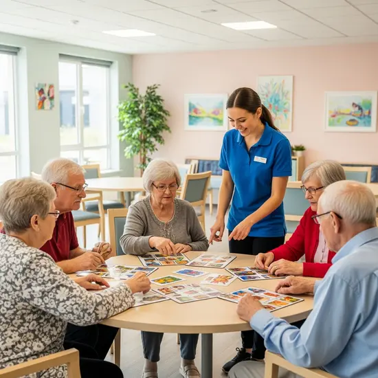 Gruppe von Senioren bei Aktivierung in einer Tagespflegeeinrichtung, Betreuungskraft moderiert.