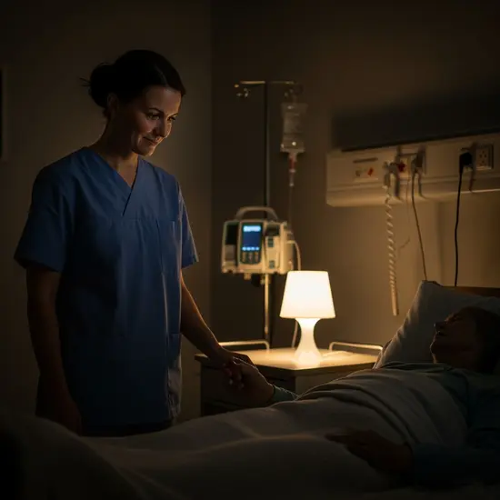 Ruhiger Nachtpflegeraum mit gedimmtem Licht, Pflegekraft schaut nach Bewohner.
