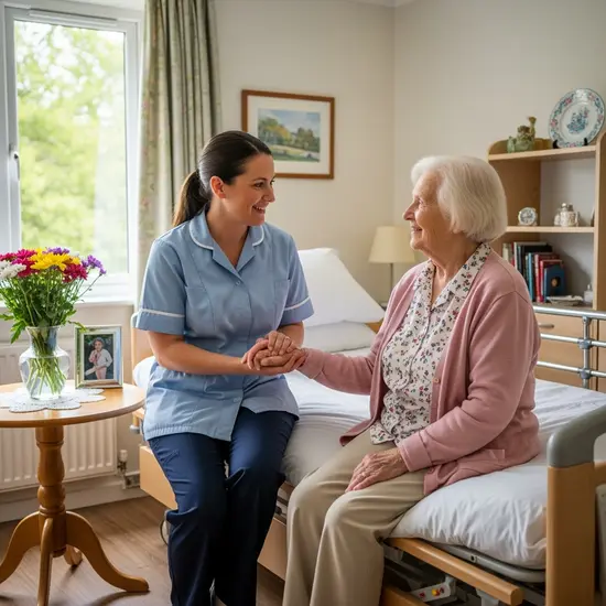 Pflegekraft spricht im Bewohnerzimmer freundlich mit Seniorin neben Pflegebett.