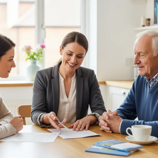 Pflegerische Beratung am Küchentisch: Beraterin erklärt Unterlagen einem Senior und seiner Tochter.
