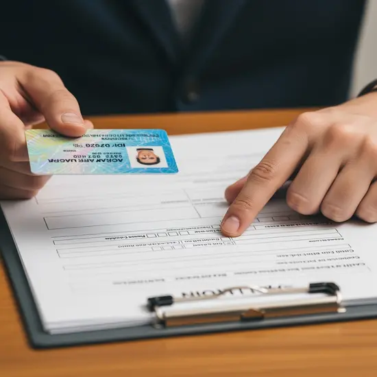 Nahaufnahme von Händen, die Antragsformulare und Ausweis prüfen.
