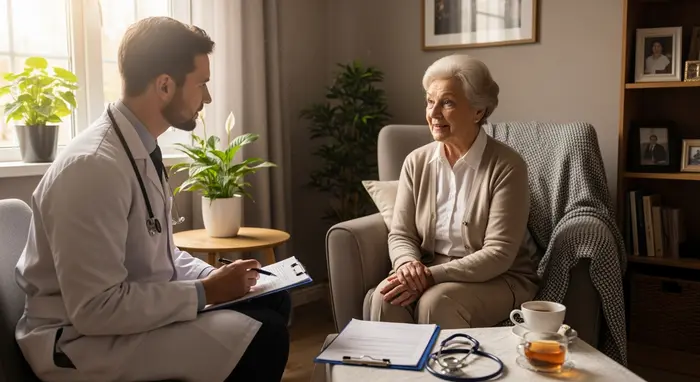 Medizinischer Dienst besucht Seniorin zu Hause und führt eine Begutachtung durch.