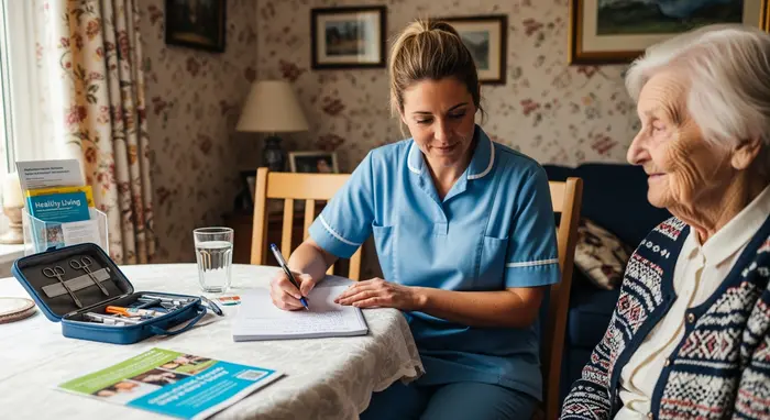 Pflegefachkraft macht sich Notizen während eines Hausbesuchs.