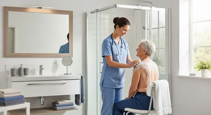 Ambulante Pflegekraft unterstützt Senior beim Waschen im Badezimmer, freundliche Atmosphäre.