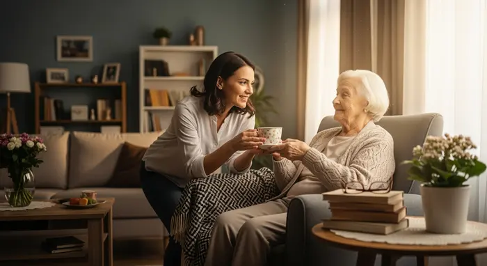 Angehörige reicht Seniorin eine Tasse Tee im Wohnzimmer, entspannte Szene.