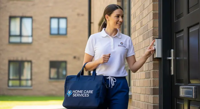 Pflegedienstmitarbeiter mit Tasche klingelt an Haustür eines Mehrfamilienhauses.