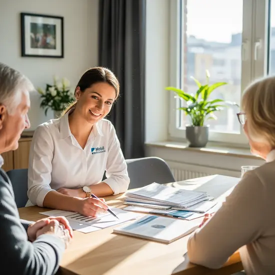 Pflegeberaterin der Mobil Krankenkasse bespricht mit älterem Paar am Esstisch Unterlagen, freundliche Atmosphäre, helle Wohnung, Fokus auf Beratung und Vertrauen