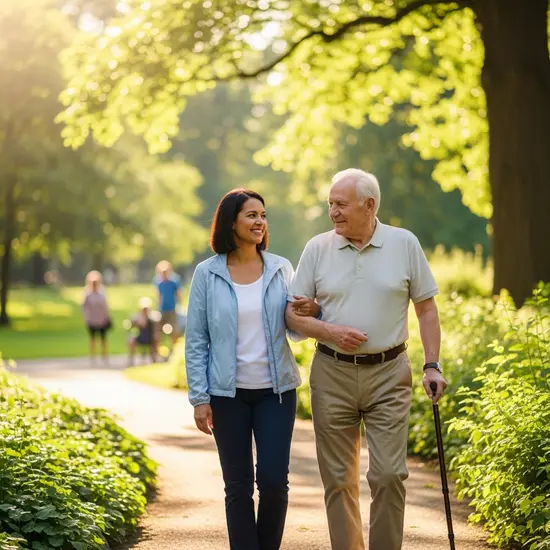 Alltagsbegleiterin spaziert mit Senior im Park, sonniger Tag, entspannte Stimmung, grüne Umgebung