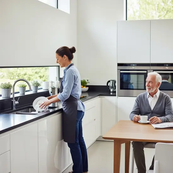 Haushaltshilfe erledigt Abwasch in moderner Küche, Senior sitzt entspannt am Tisch, Alltagsszene