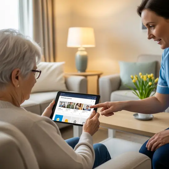Seniorin nutzt Tablet für Online-Service-Portal, Pflegerin zeigt auf den Bildschirm, moderne Technik, gemütlicher Wohnraum, alltagsnaher Moment