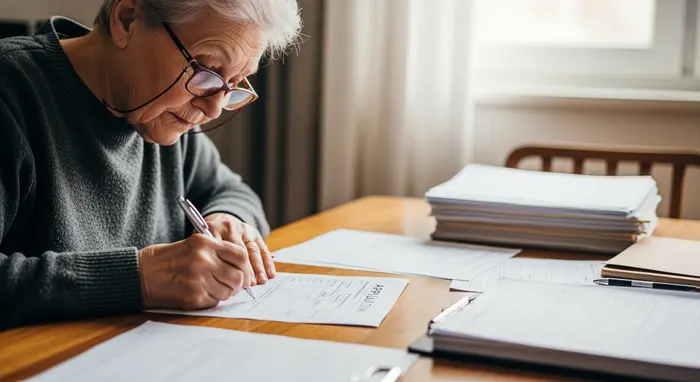 Senior füllt Antragsformular mit Stift am Tisch aus, Brille, ordentliche Unterlagen, ruhige Szene
